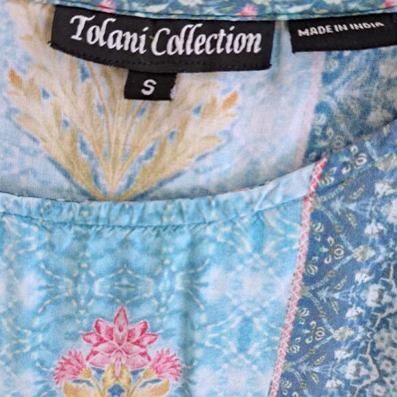 Tolani Narissa Boho Caftan Tunic Top Small Aqua Blue Pink Floral - Picture 6 of 8